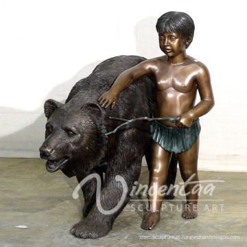 decoração do jardim ao ar livre metal artesanato tamanho vida urso e menino estátua